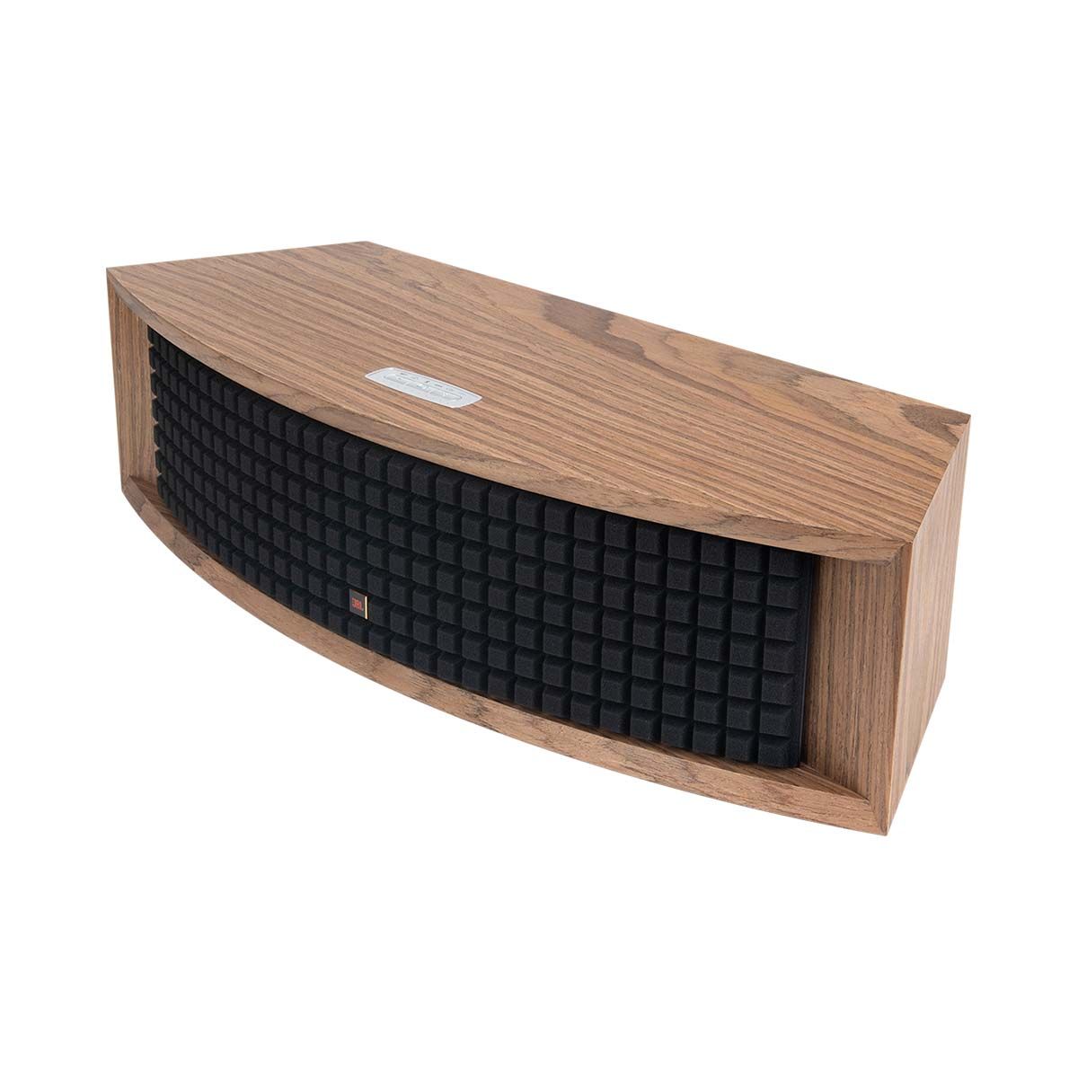 JBL L42ms Integrated Music System walnut angled front view with grille