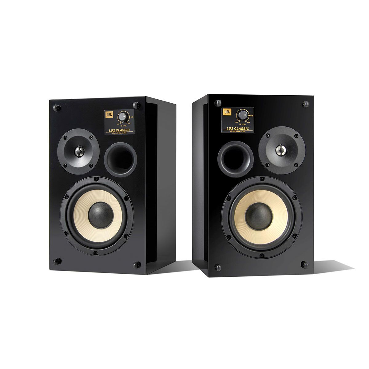 JBL L52 Classic Loudspeaker - Limited Edition Gloss Black - Pair angled front view of pair without grilles