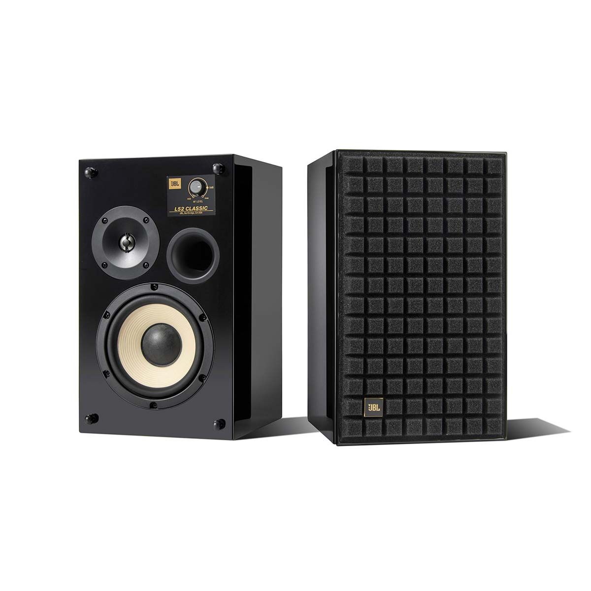 JBL L52 Classic Loudspeaker - Limited Edition Gloss Black - Pair angled front view of pair, one with grille, one without grille