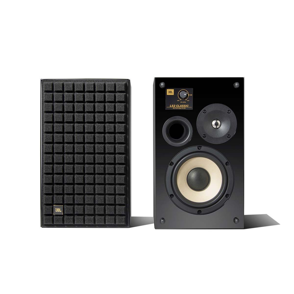 JBL L52 Classic Loudspeaker - Limited Edition Gloss Black - Pair front view of pair, one with grille, one without grille