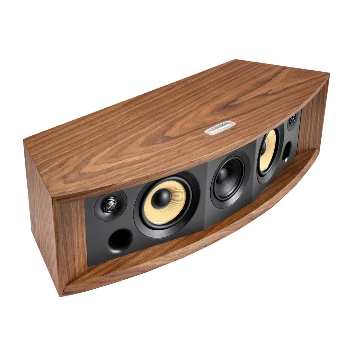 JBL L75ms Music System - Walnut angled front view without grille