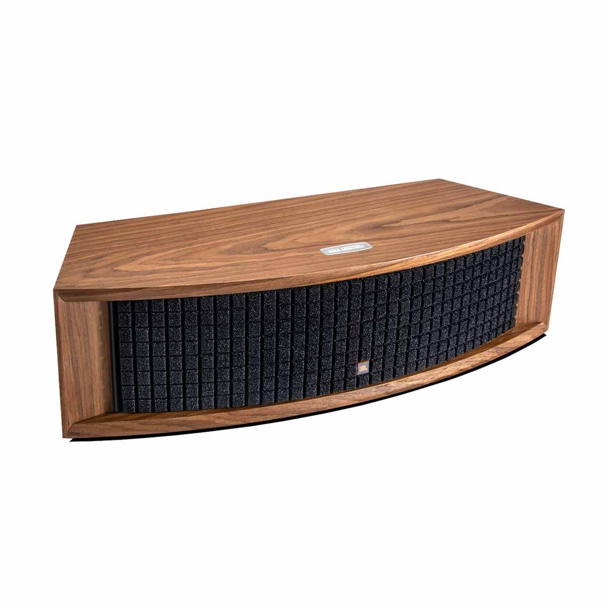 JBL L75ms Music System - Walnut angled front view with grille