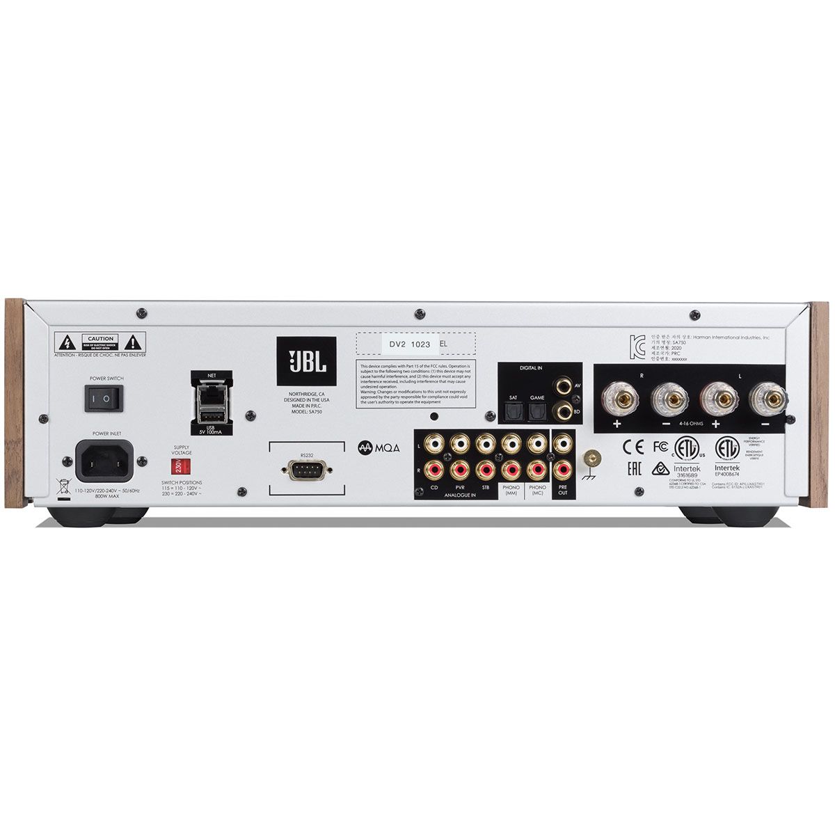 JBL SA750 Streaming Integrated Stereo Amplifier - Walnut rear view