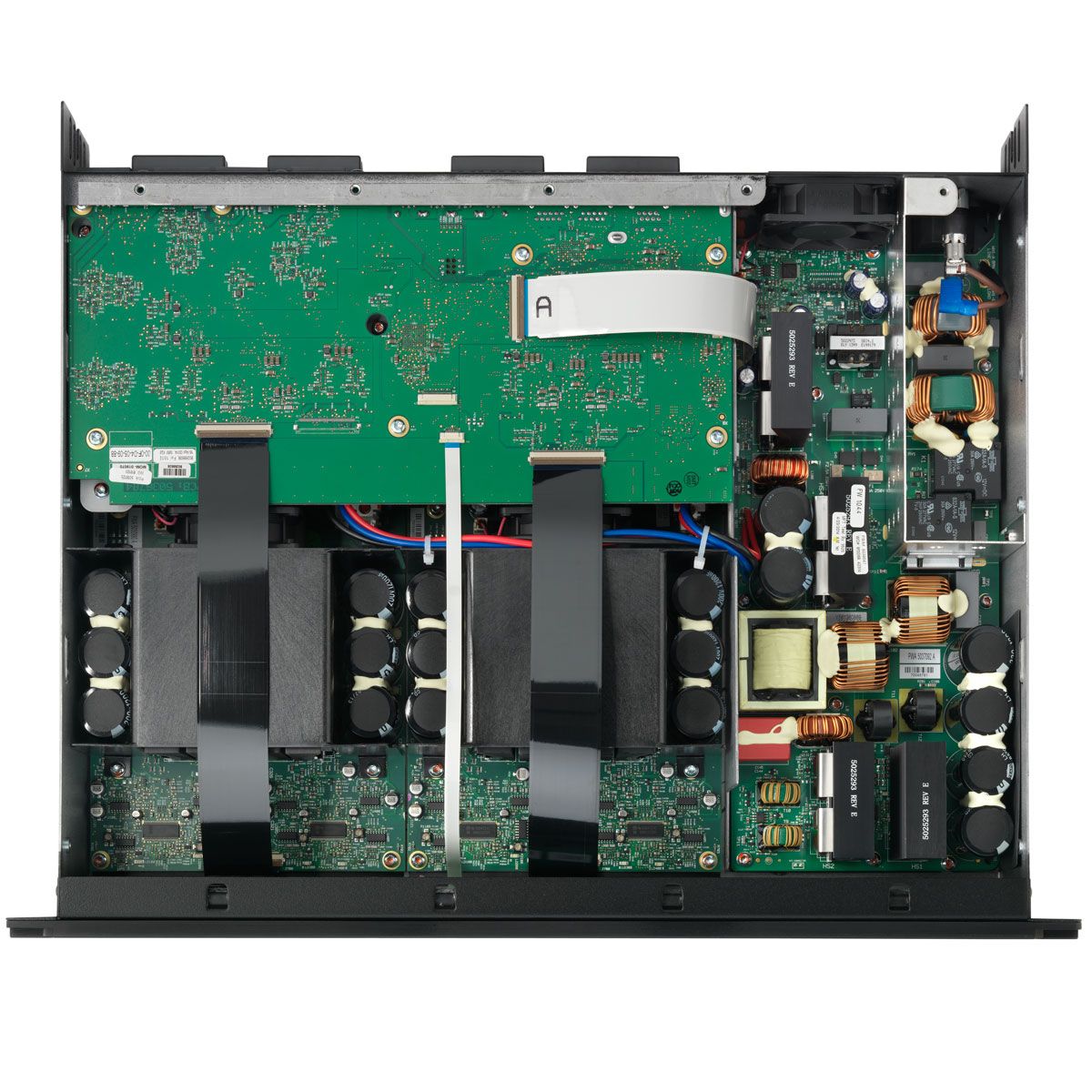JBL Synthesis SDA 8300 8-Channel Amplifier, Black, top view with internal circuit board