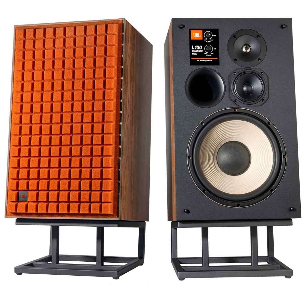JBL L100 Classic MKII Loudspeaker Orange front view of pair on stands