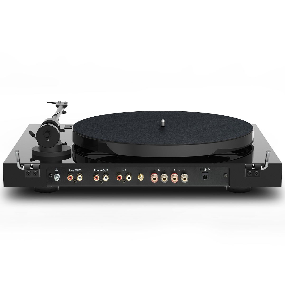 Pro-Ject Juke Box E1 Turntable in black showing rear inputs & outputs