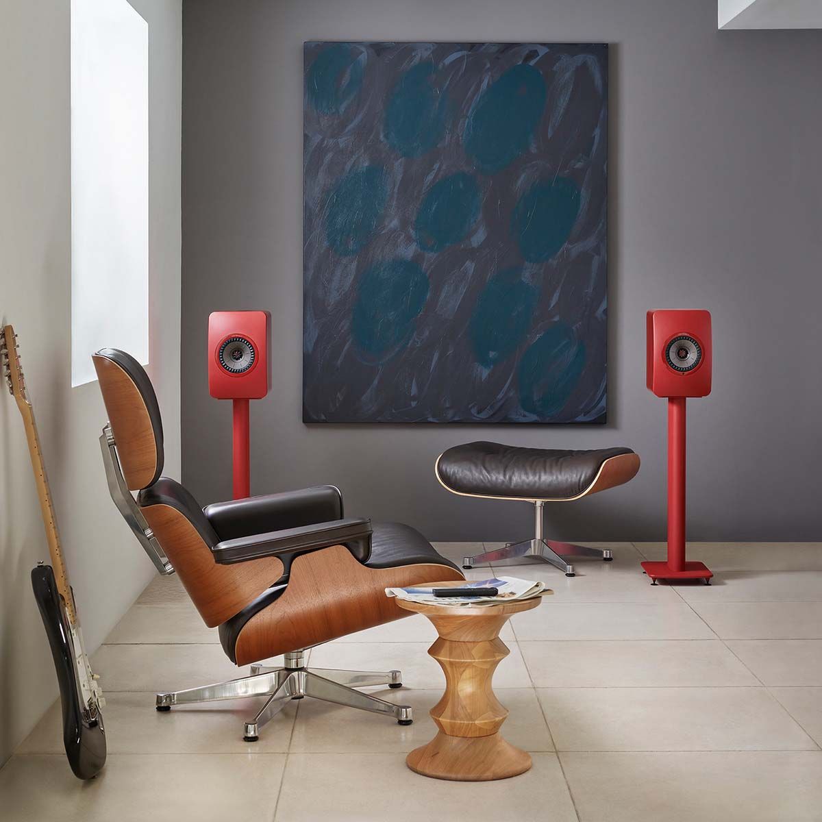 KEF LS50 Wireless II High Resolution Music System - Pair - lifestyle picture of crimson red on stands