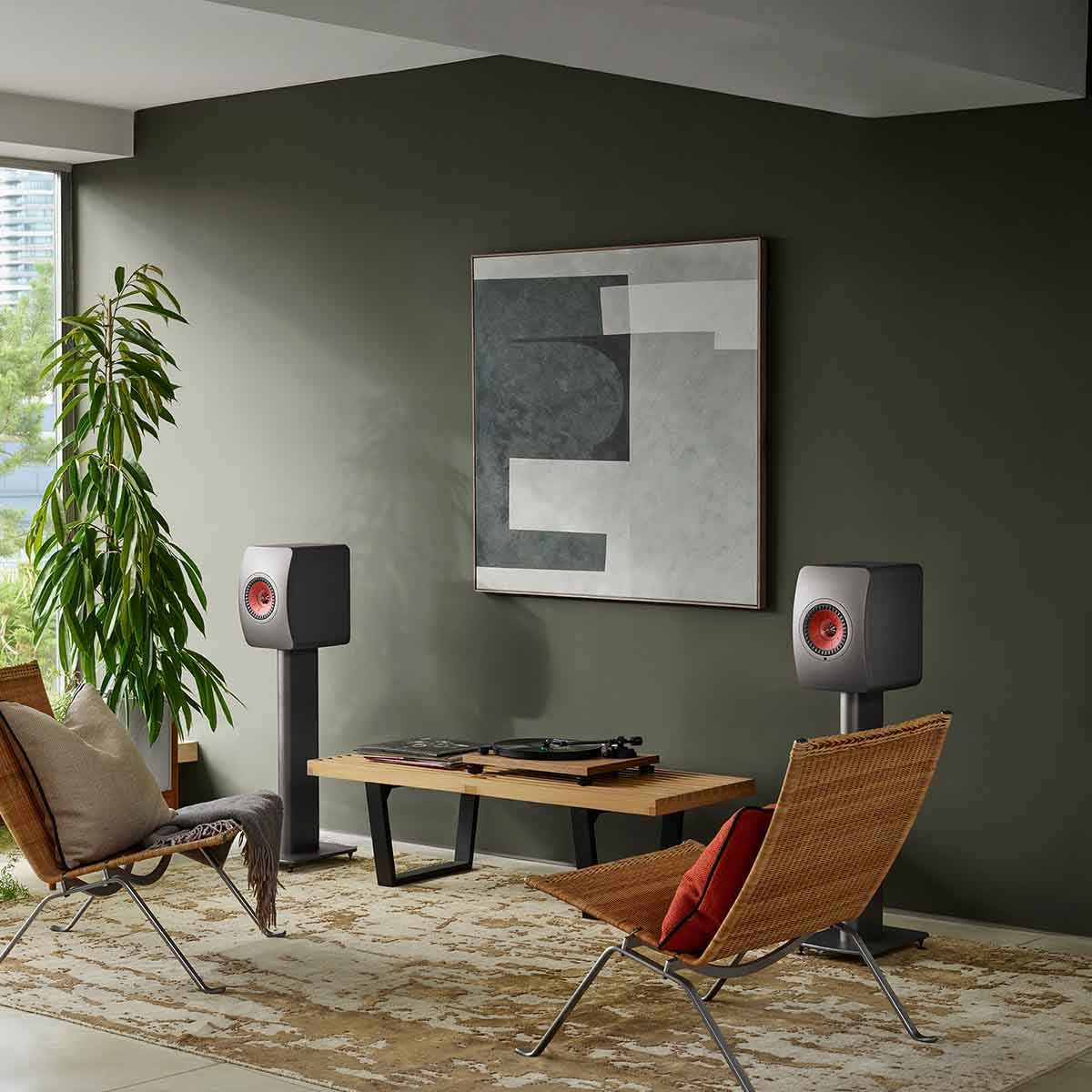 KEF LS50 Wireless II High Resolution Music System - Pair - lifestyle picture of titanium gray on stands by turntable