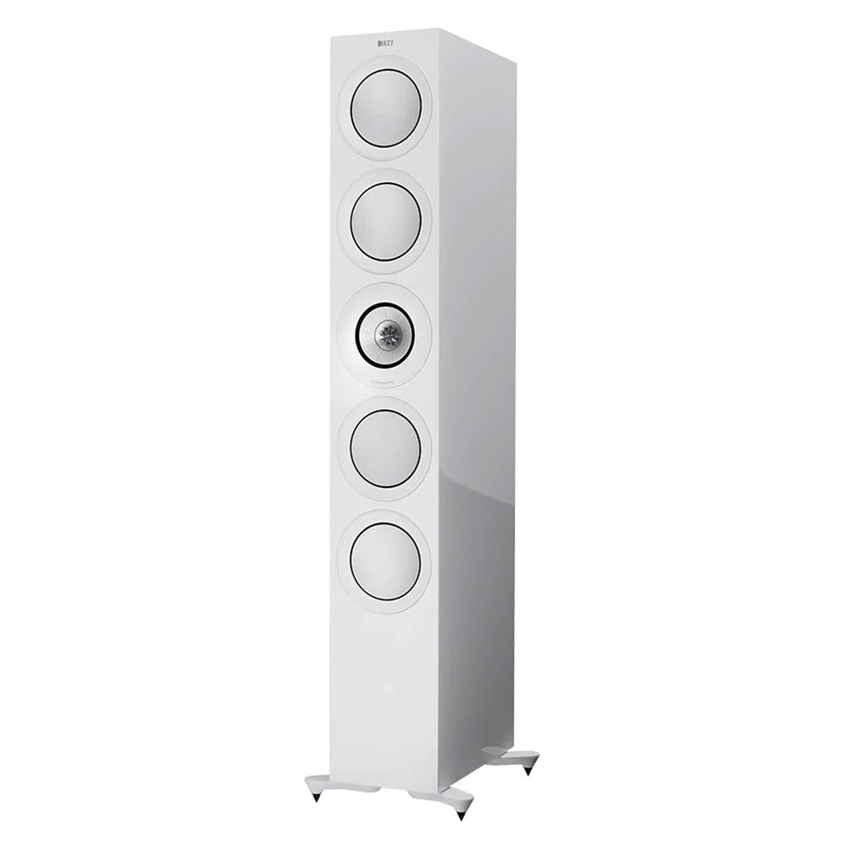 KEF R11 Floorstanding Loudspeaker - White - angled front view without grille