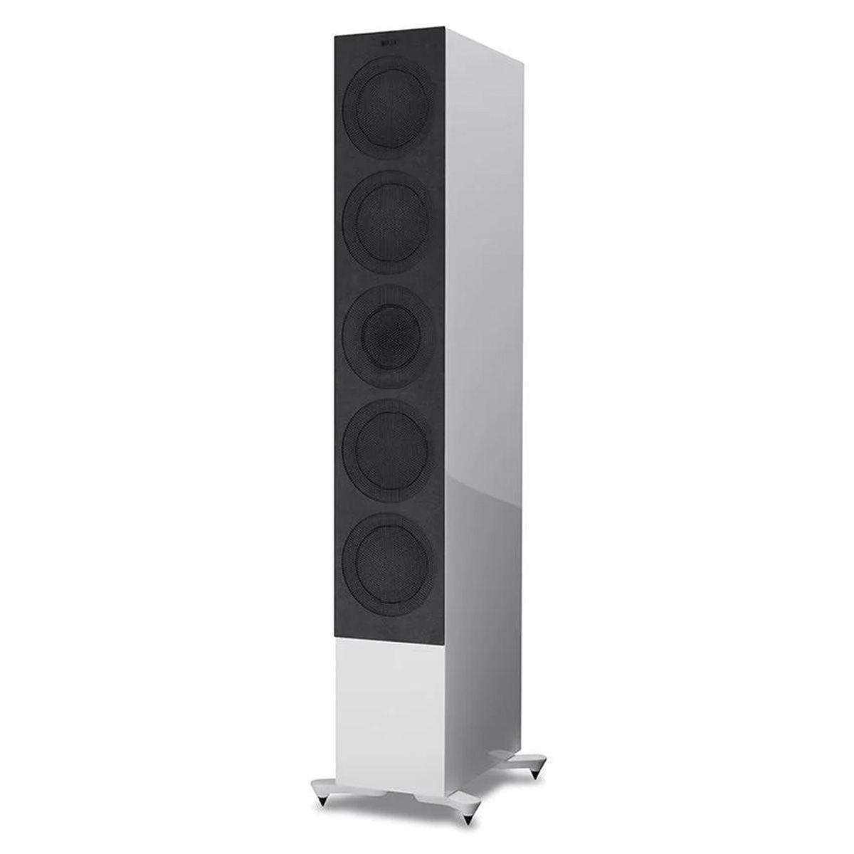 KEF R11 Floorstanding Loudspeaker - White - angled front view with grille