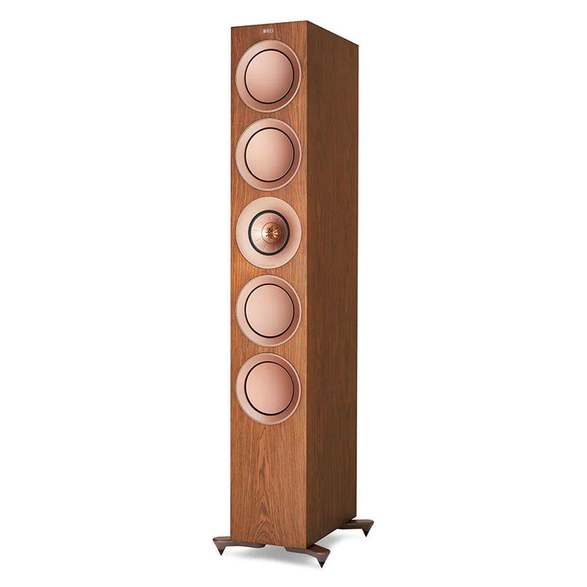KEF R11 Floorstanding Loudspeaker - Walnut - angled front view without grille