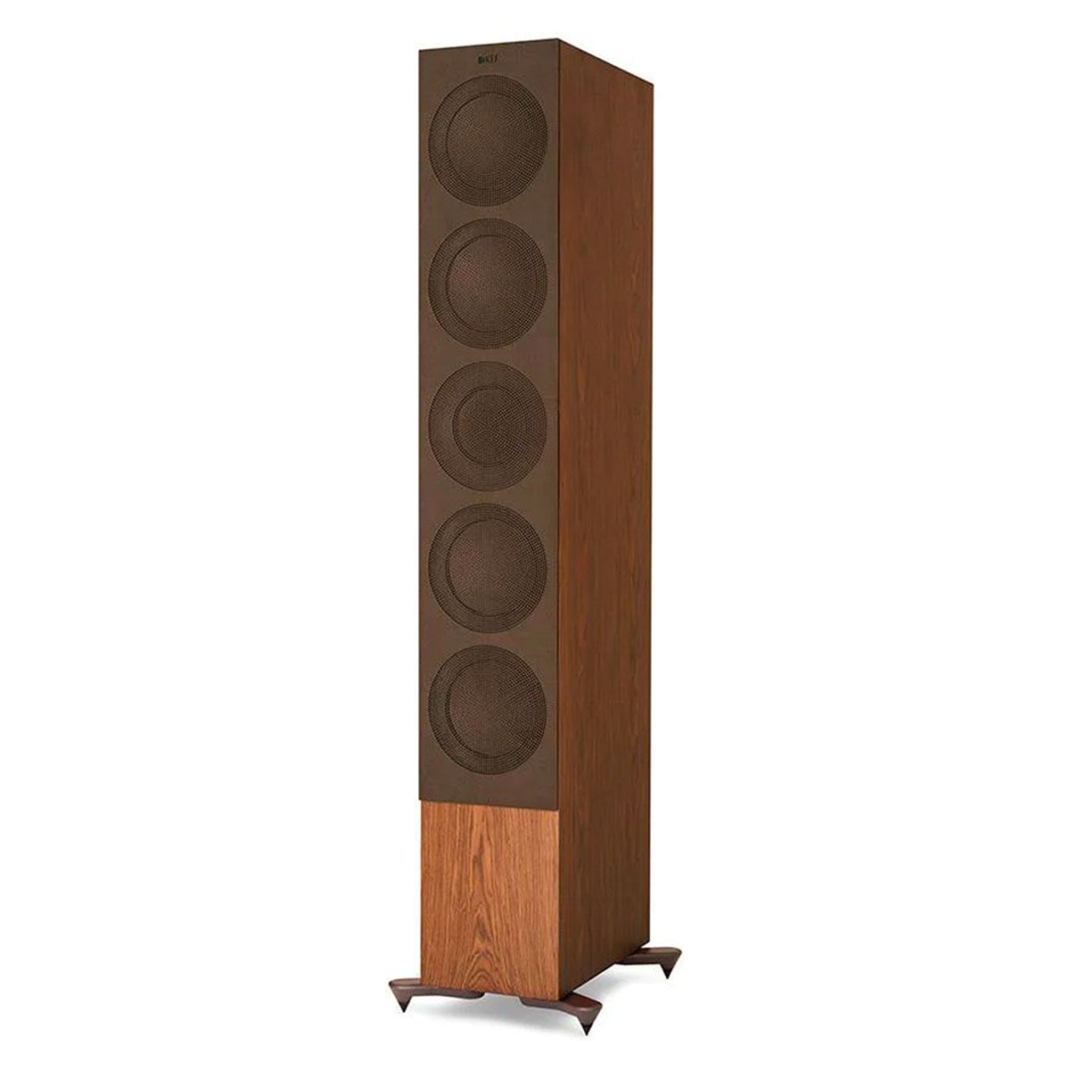 KEF R11 Floorstanding Loudspeaker - Walnut - angled front view with grille