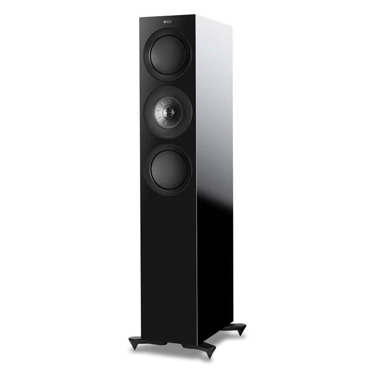 KEF R7 Floorstanding Loudspeaker - Black - angled front view without grille