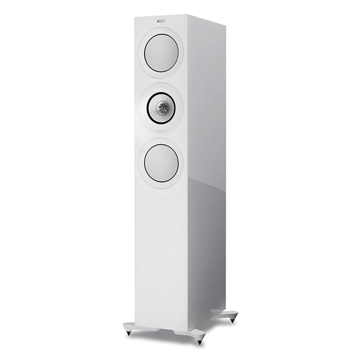KEF R7 Floorstanding Loudspeaker - White - angled front view without grille