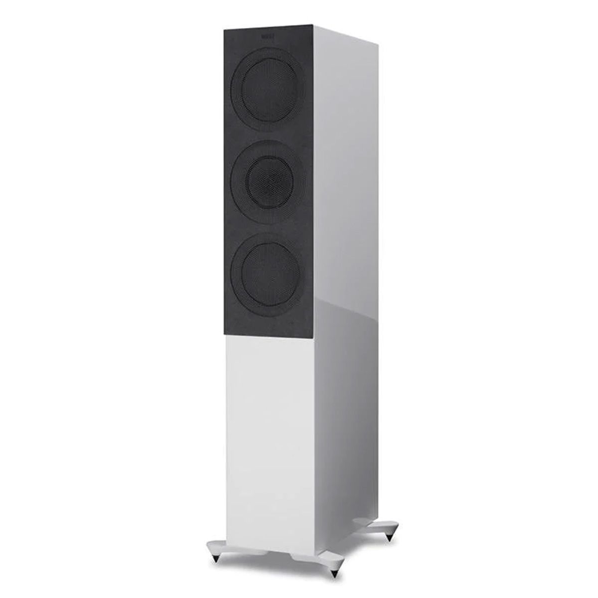 KEF R7 Floorstanding Loudspeaker - White - angled front view with grille