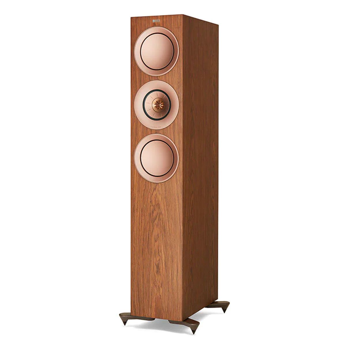KEF R7 Floorstanding Loudspeaker - Walnut - angled front view without grille