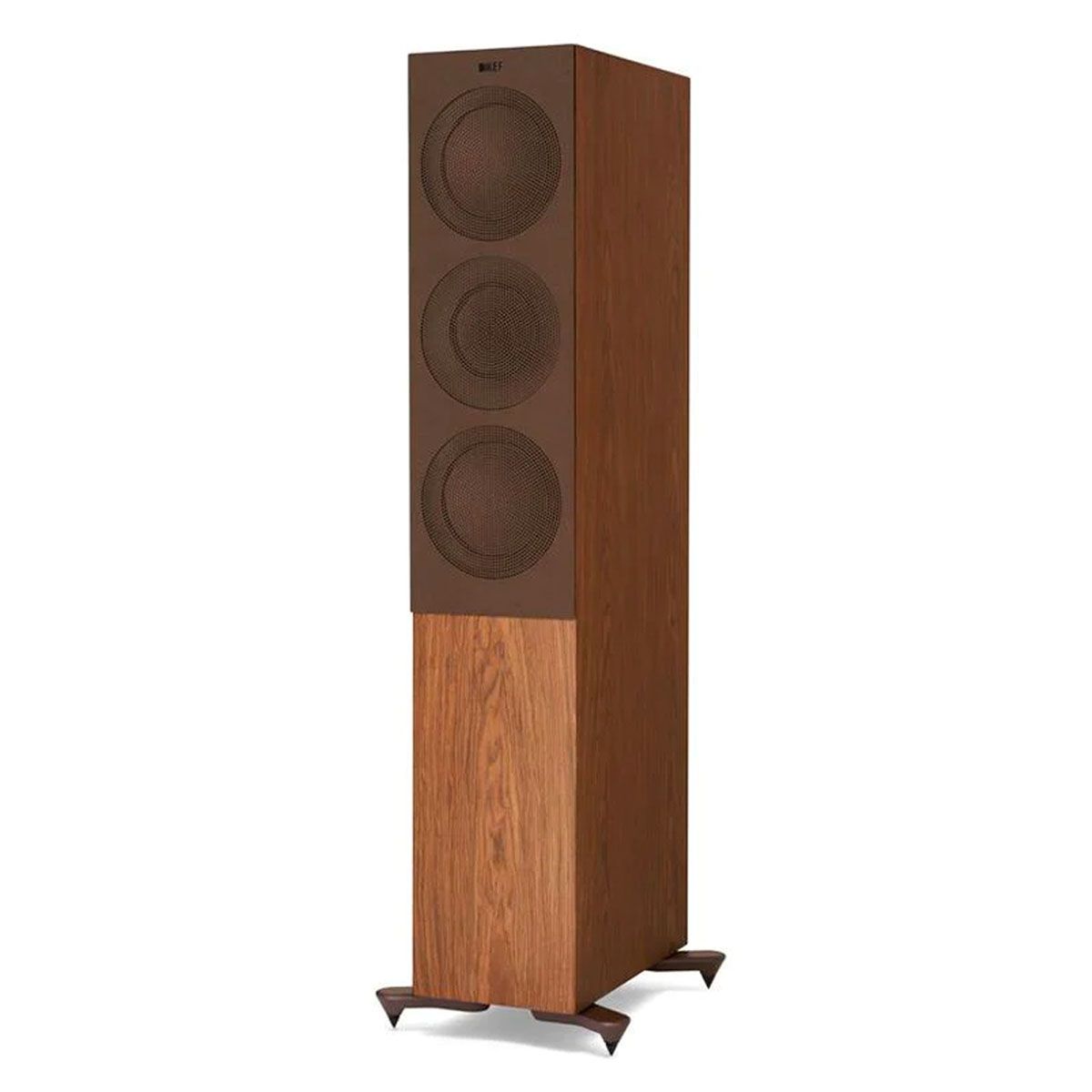 KEF R7 Floorstanding Loudspeaker - Walnut - angled front view with grille