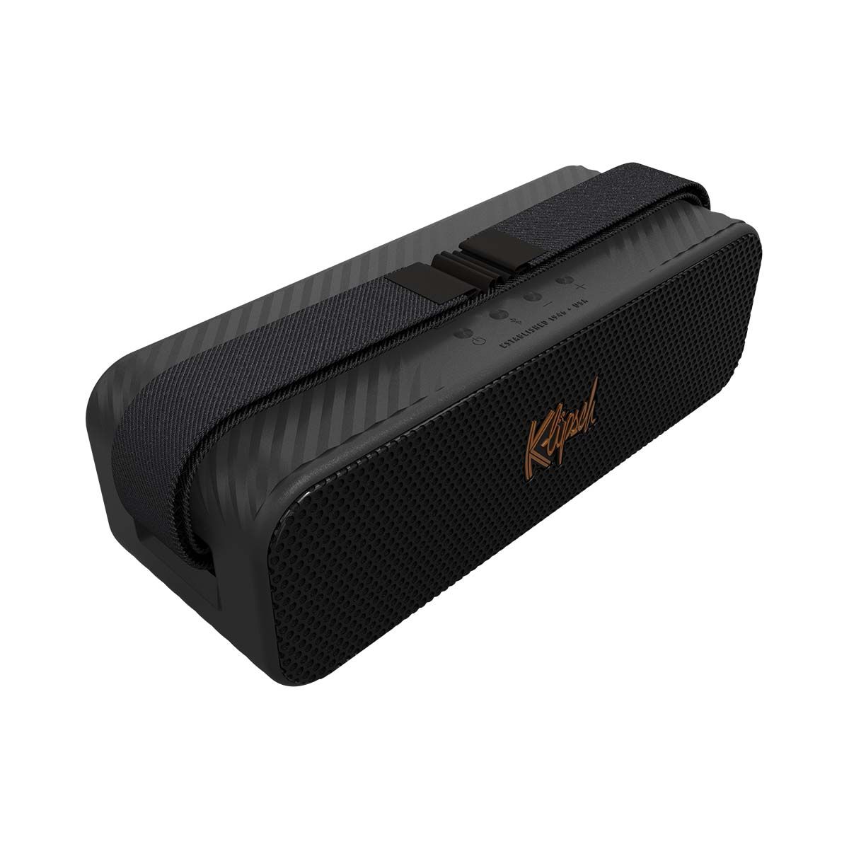 Klipsch Detroit Large Portable Bluetooth Speaker angled top view with strap