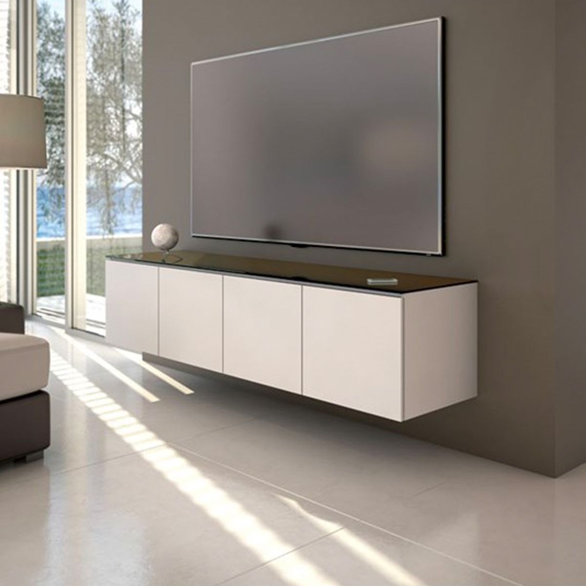 Salamander Designs Miami 237  Triple-Width AV Cabinet- Gloss White / Black Glass