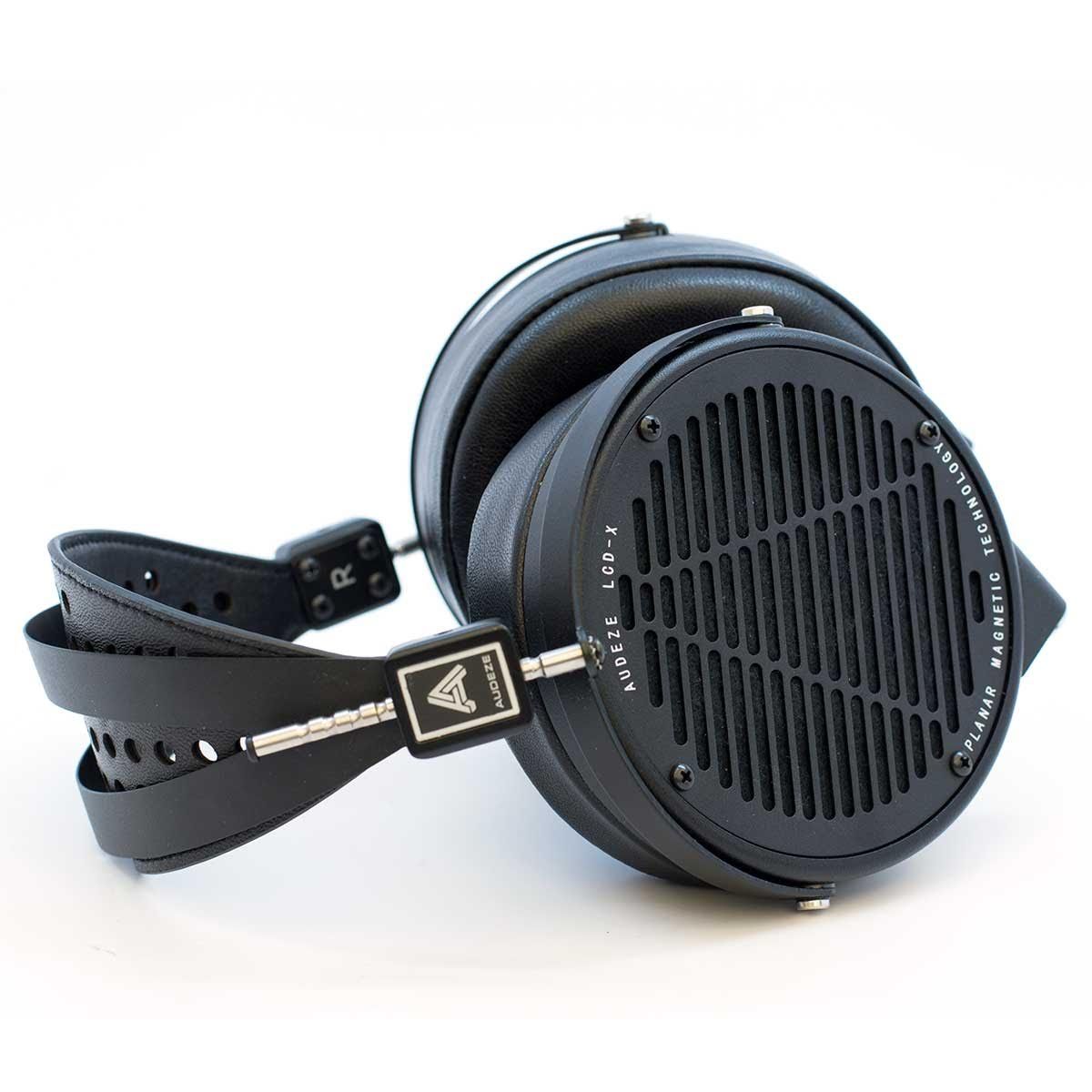 Side profile of Audeze LCD-X open-back headphones laying down.