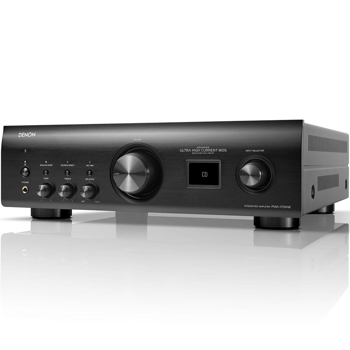Front view of the black Denon PMA-1700 at a left angle
