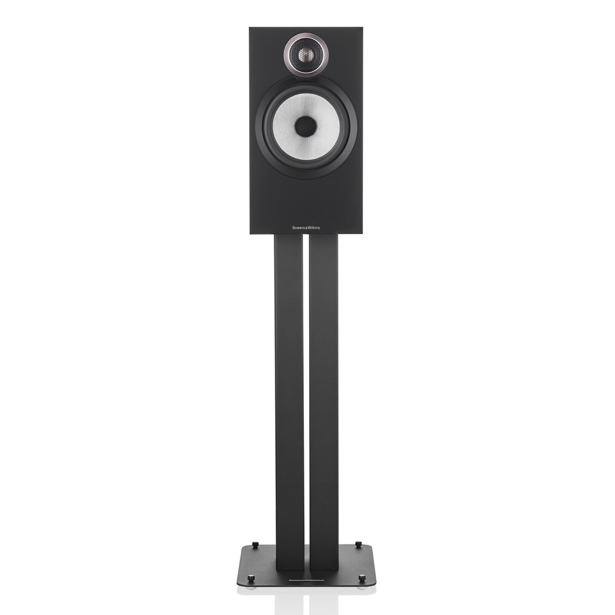 Black Bowers & Wilkins 606 S3 Stand-Mount Loudspeaker at an angle, without grille on stand