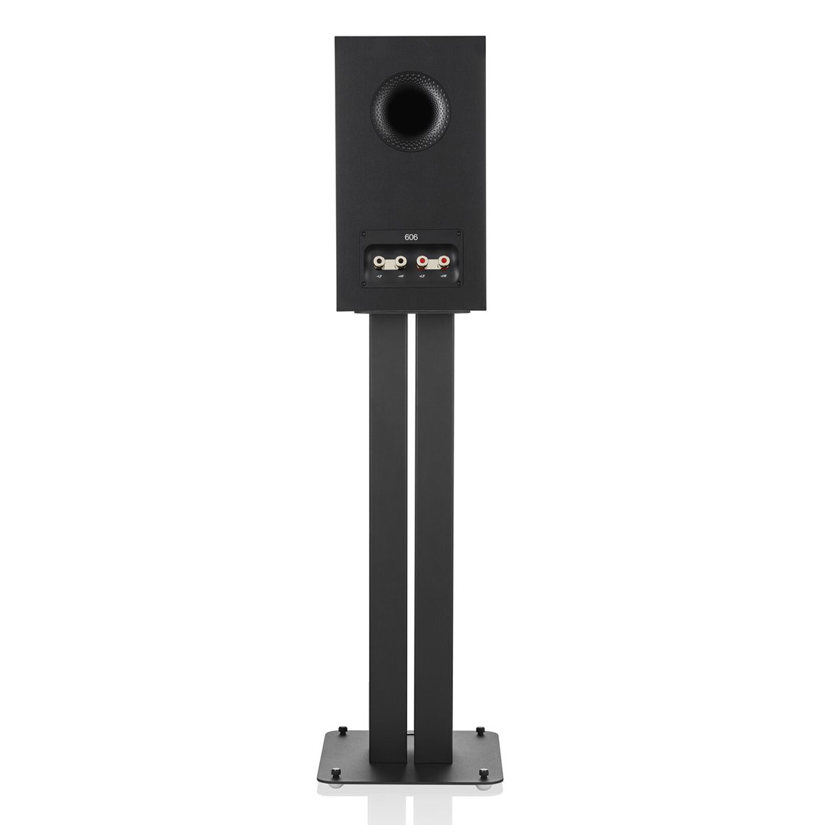 Rear of black Bowers & Wilkins 606 S3 Stand-Mount Loudspeaker on stand