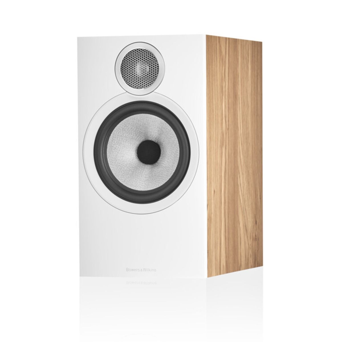 Oak Bowers & Wilkins 606 S3 Stand-Mount Loudspeaker at an angle, without grille