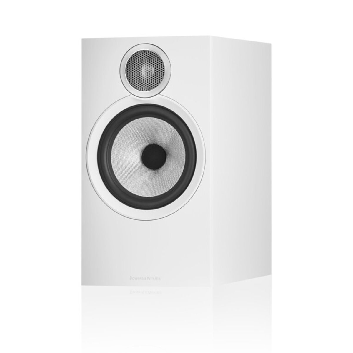 White Bowers & Wilkins 606 S3 Stand-Mount Loudspeaker at an angle, without grille