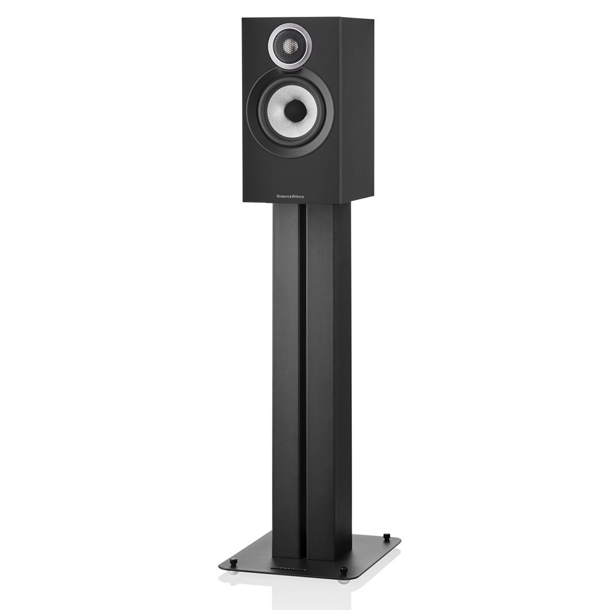 Bowers & Wilkins 607 S3 Bookshelf speaker at an angle without grille on a stand
