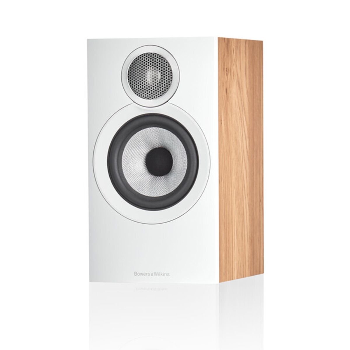 Bowers & Wilkins 607 S3 Bookshelf speaker in oak at an angle without grille