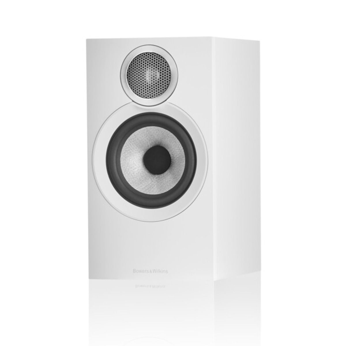 Bowers & Wilkins 607 S3 Bookshelf speaker in white at an angle without grille