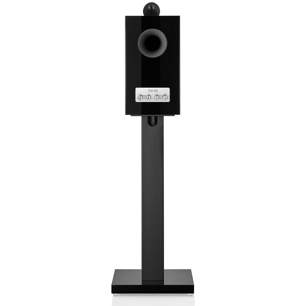 Bowers & Wilkins 705 S3 Gloss Black on stand mount showing rear connections
