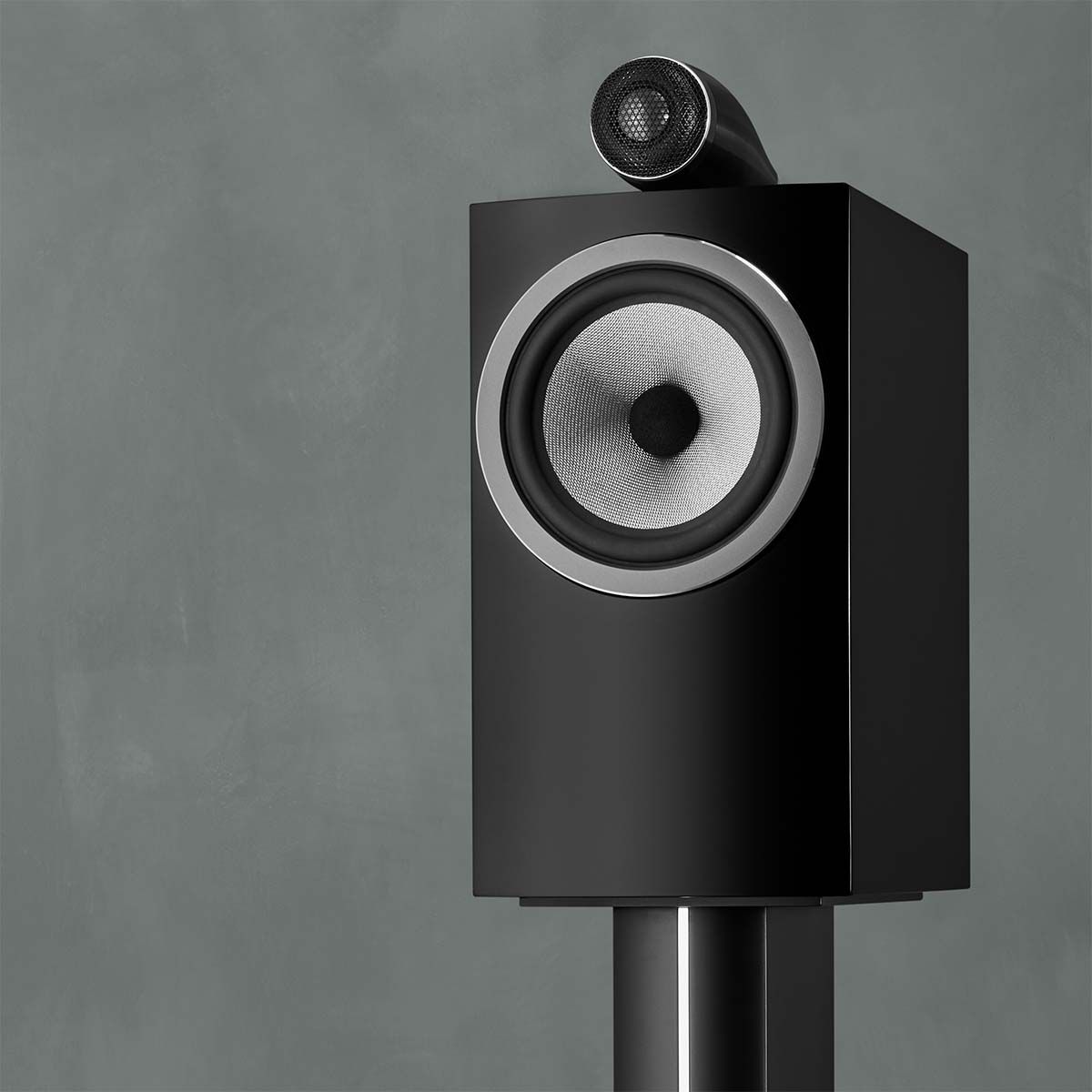 Bowers & Wilkins 705 S3 2-Way Stand Mount Bookshelf Loudspeakers - lifestyle shot in black at an angle