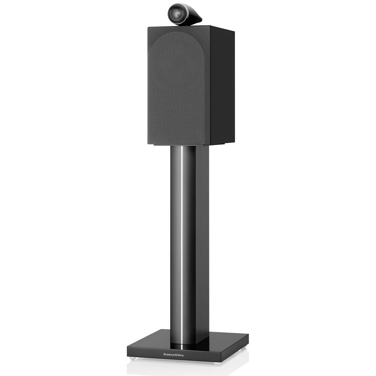 Bowers & Wilkins 705 S3 Gloss Black on stand mount with grille angle shot
