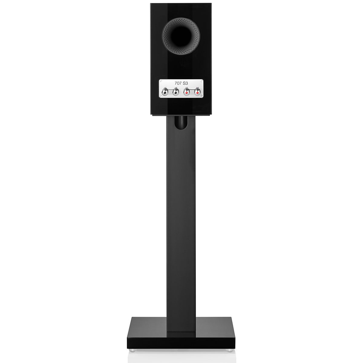 Bowers & Wilkins 707 S3 2-Way Stand Mount Bookshelf Loudspeakers - Gloss Black - on stand showing rear connections