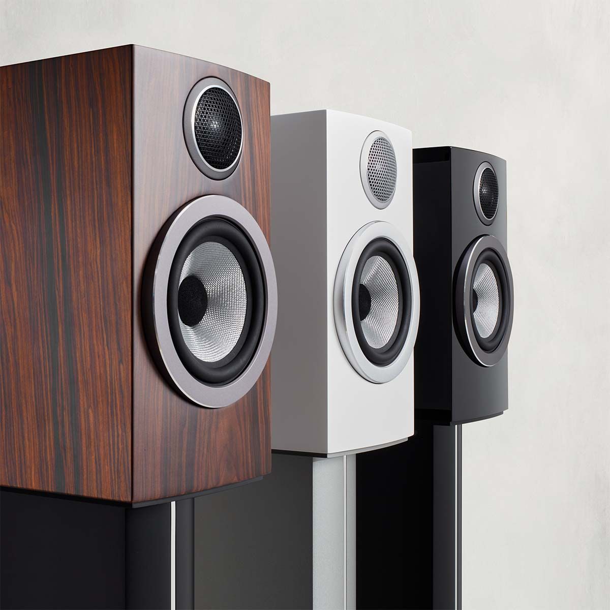 Bowers & Wilkins 707 S3 shown in three finishes - mocha, white, black