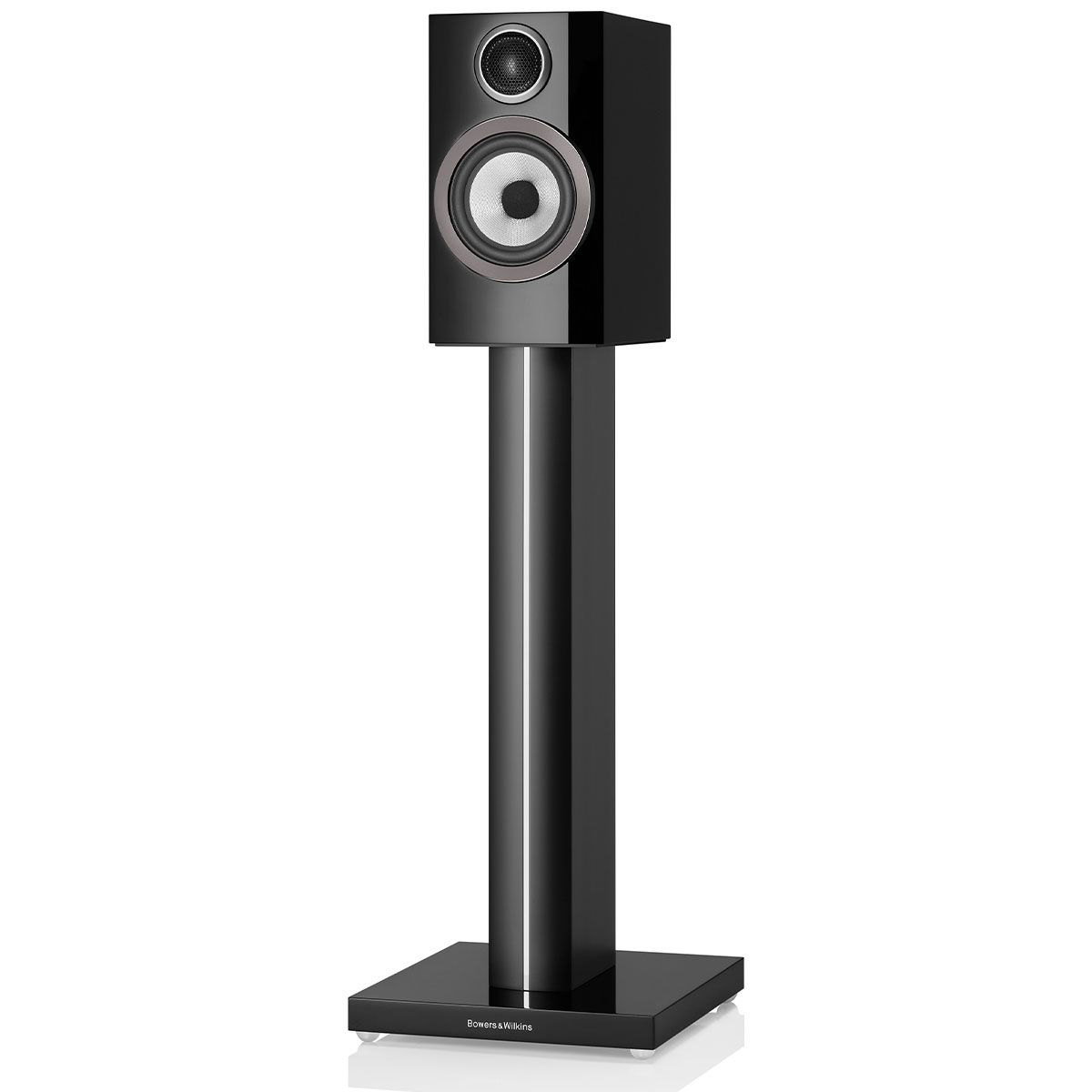 Bowers & Wilkins 707 S3 2-Way Stand Mount Bookshelf Loudspeakers - Gloss Black - on stand at an angle