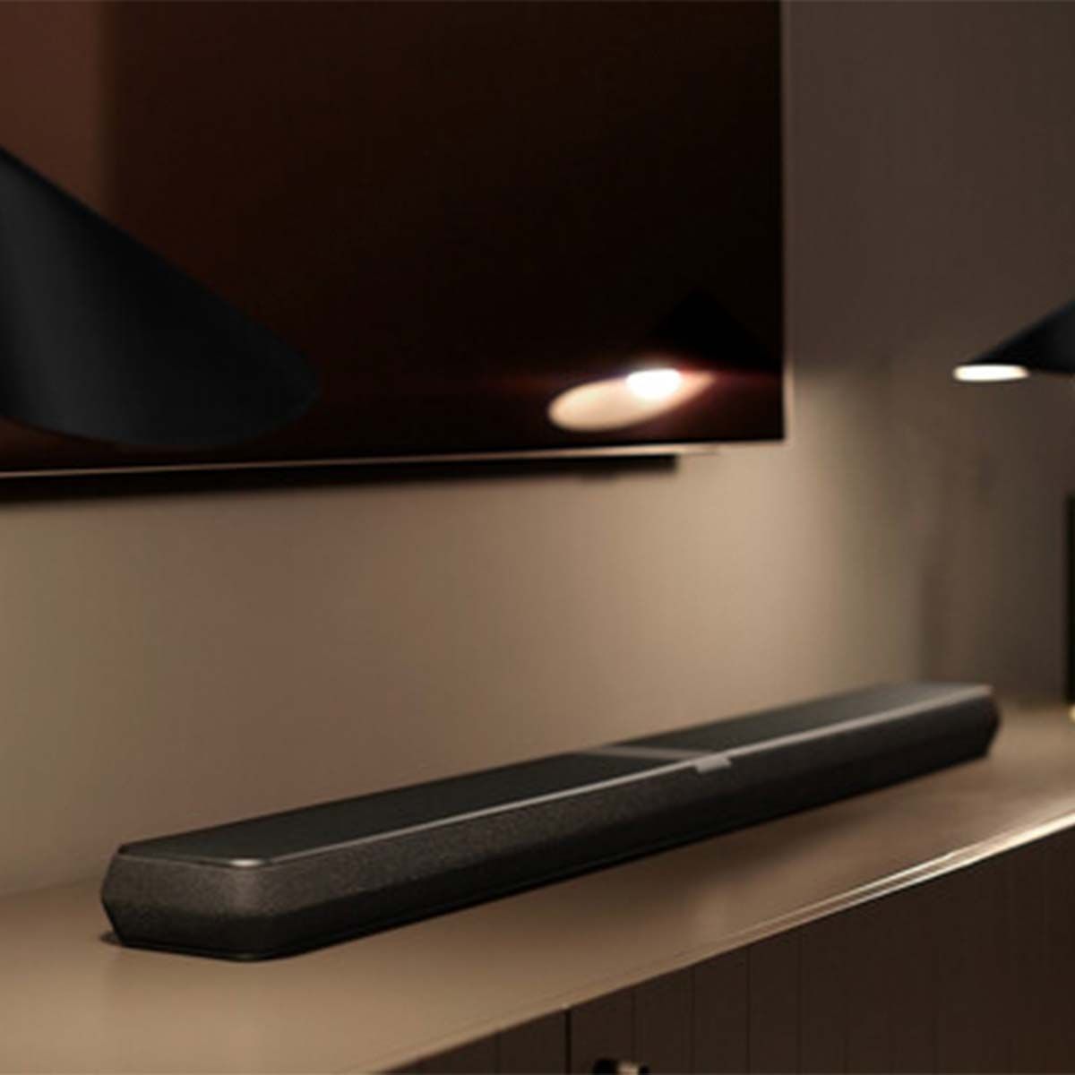 Bowers & Wilkins Panorama 3 Soundbar, angled view of resting on a media console