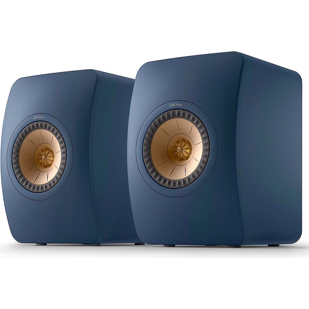 KEF LS50 Meta Bookshelf speakers on white background - blue