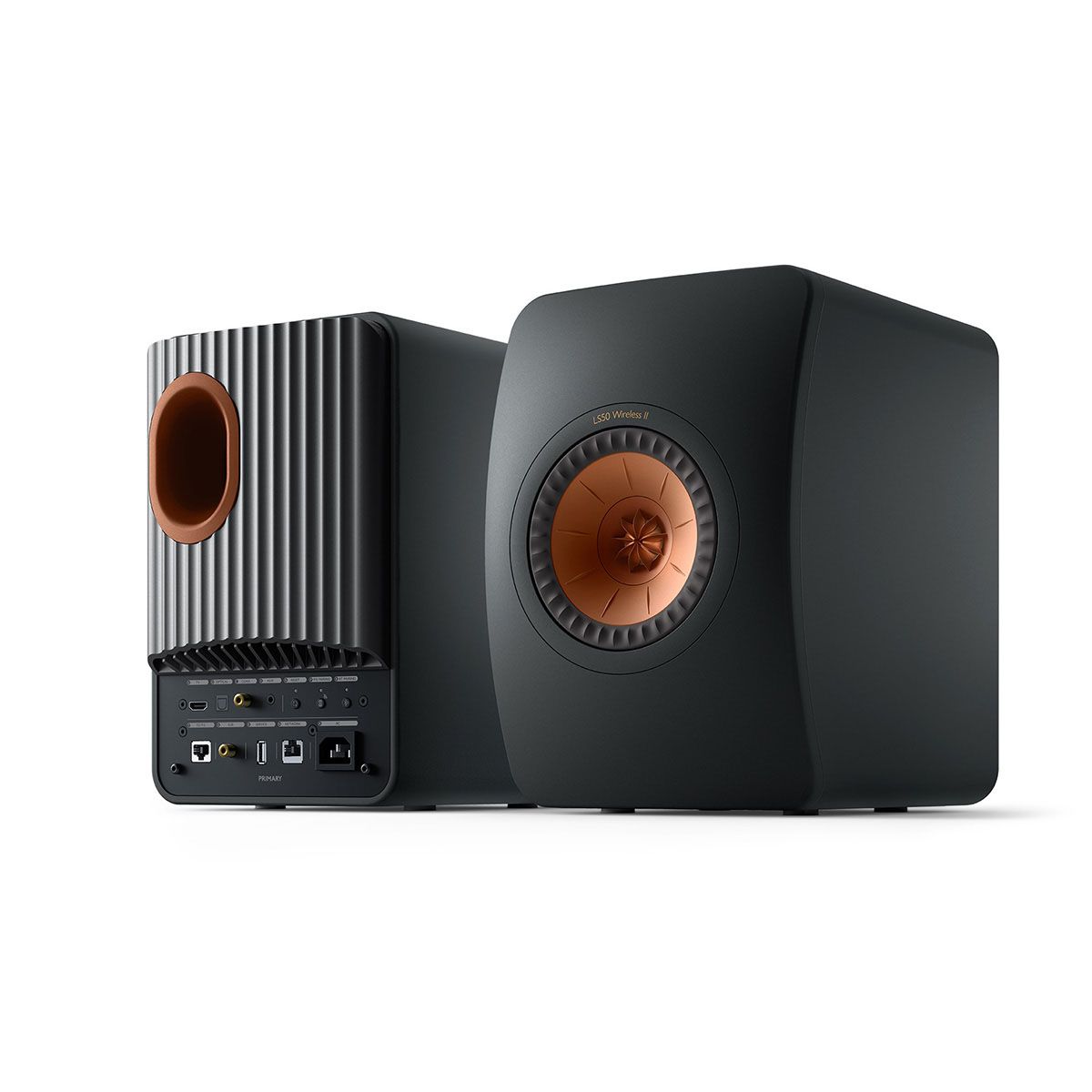 KEF LS50 Wireless II High Resolution Music System - Carbon Black - Pair - angled front view of pair showing front & back