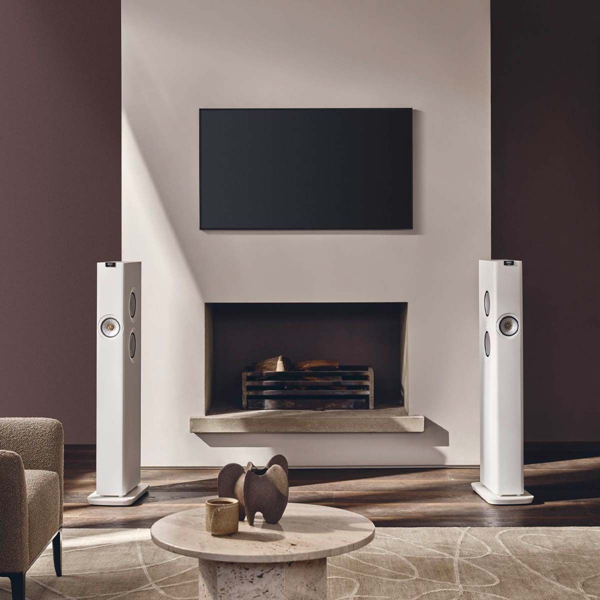 KEF LS60 Wireless Music System - Mineral White - Pair - in living room with TV and fireplace