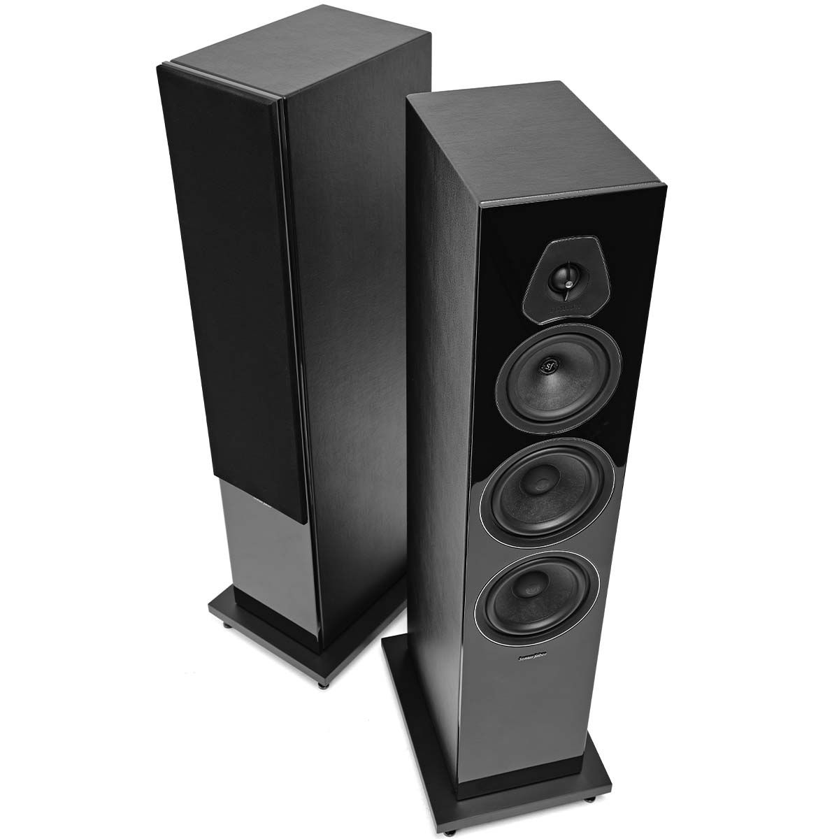 Sonus Faber Lumina V Floorstanding Speaker - Black - Each - angled top view of pair with and without grille