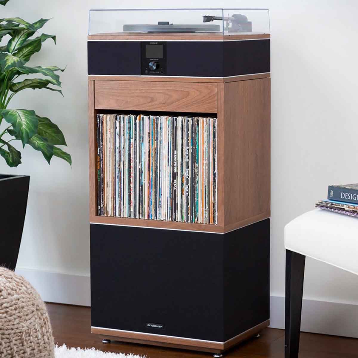 Andover Audio Model-One Lower Stand- lifestyle image with turntable and subwoofer
