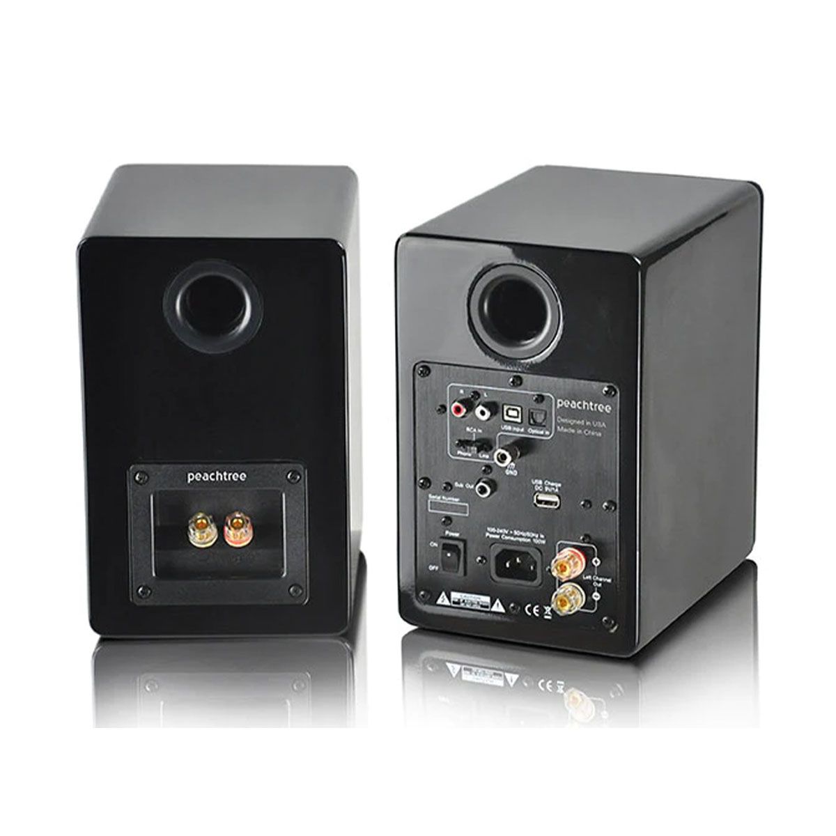 Peachtree M24 Powered Speakers - Piano Black Pair - straight and angled rear views