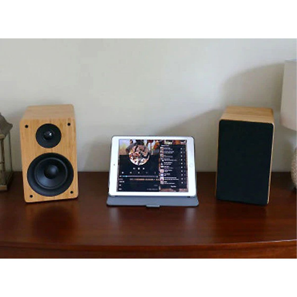 Peachtree M24 Powered Speakers - Bamboo Pair - lifestyle image front view