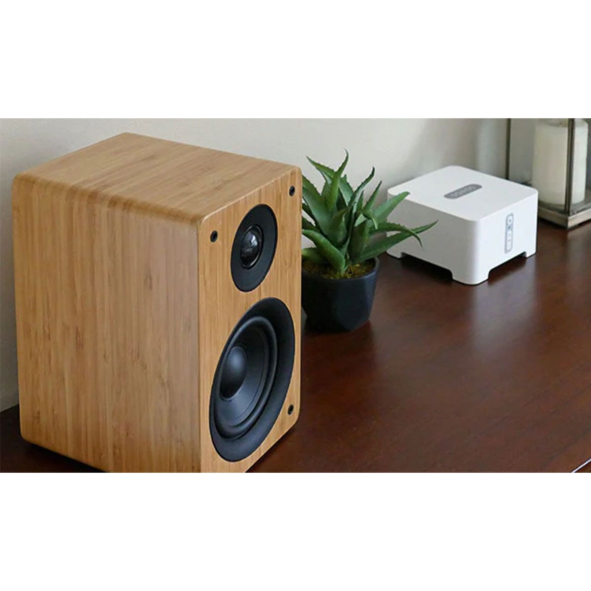 Peachtree M24 Powered Speakers - Bamboo single speaker - lifestyle image angled front view