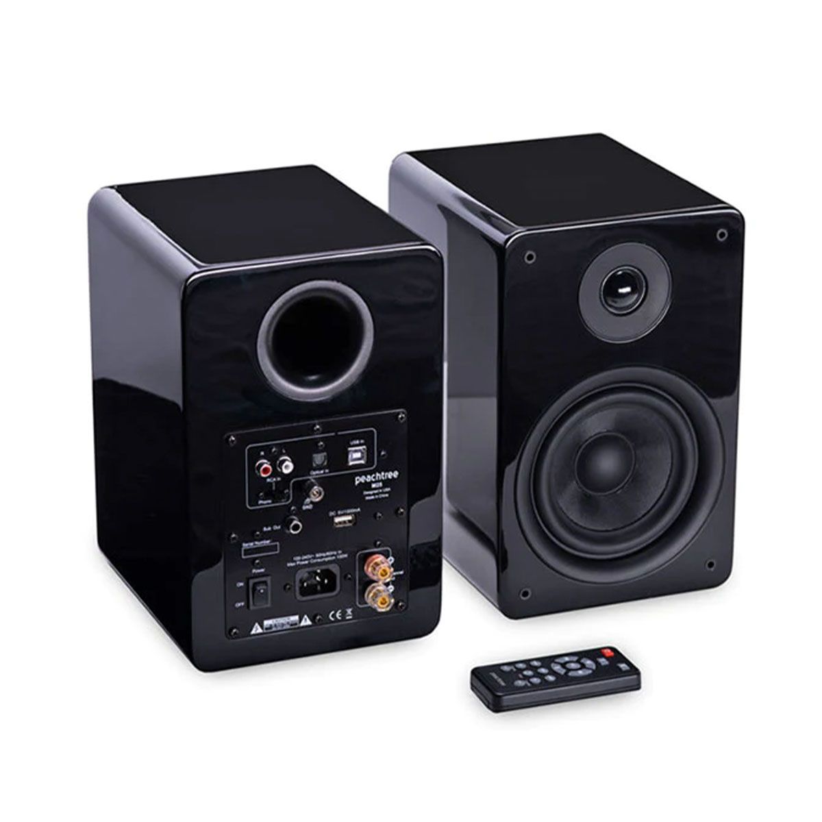 Peachtree M25 Powered Speakers - Black pair - angled rear and front views