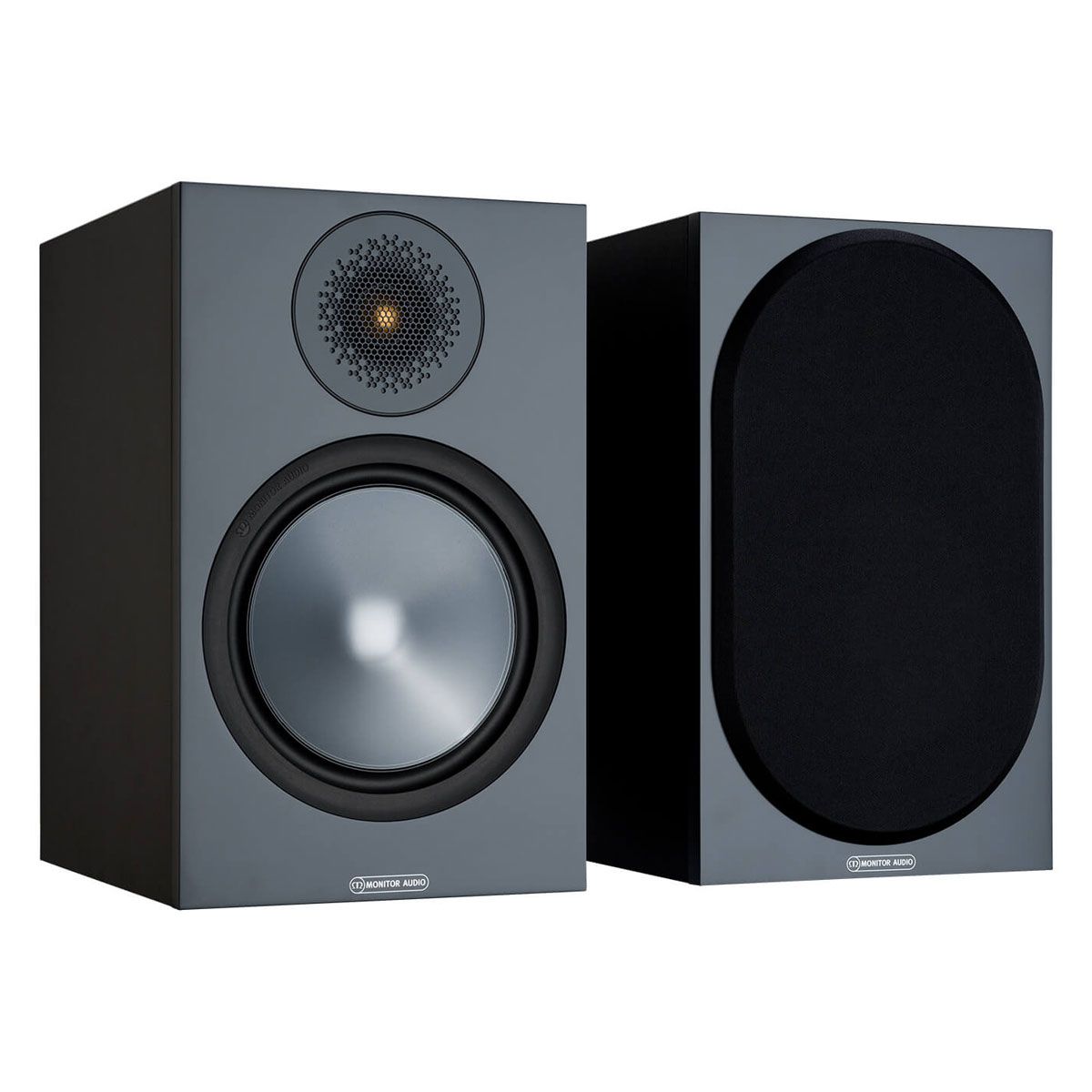 Monitor Audio Bronze 100 Bookshelf Speakers, Black, front view of a pair, one with grille and one without