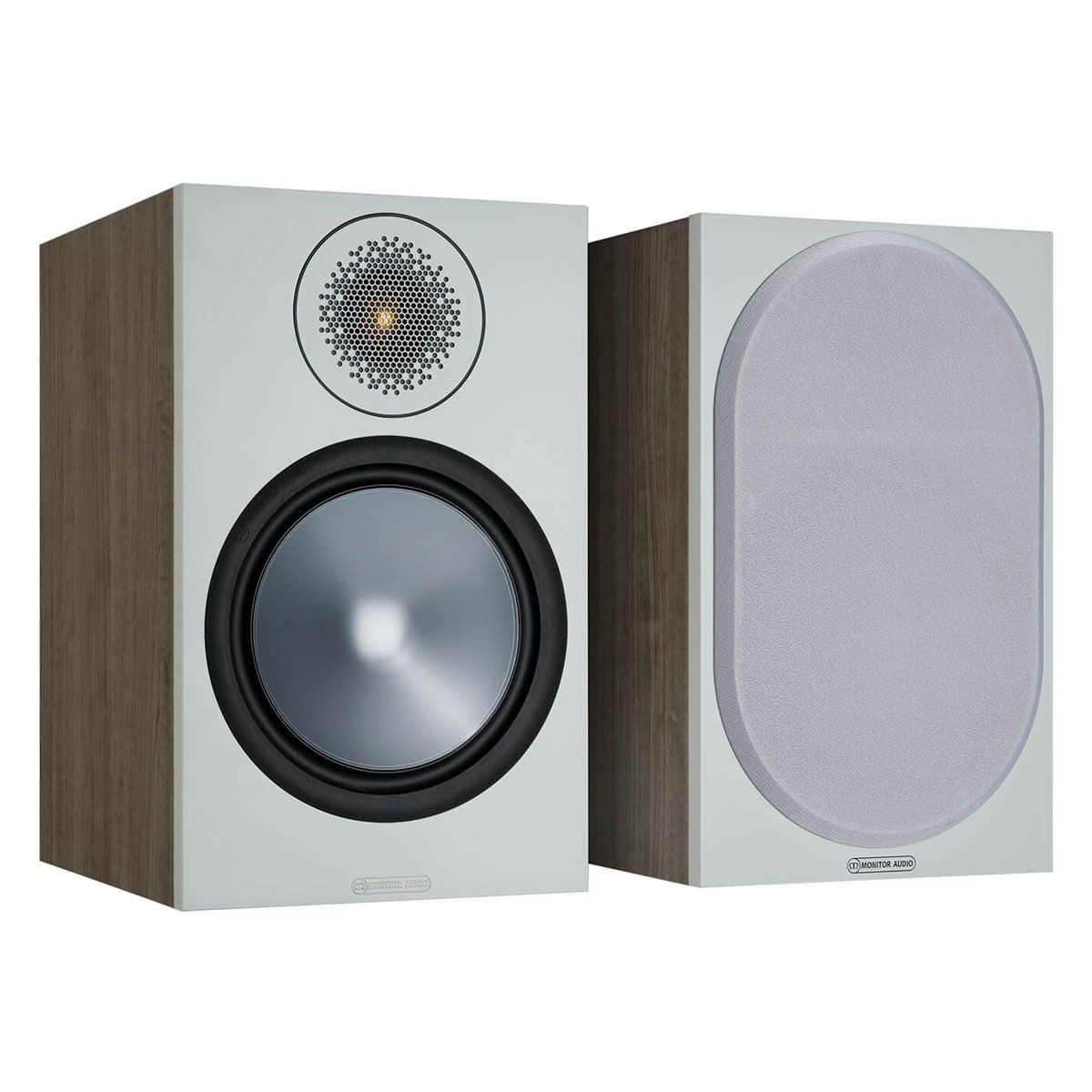 Monitor Audio Bronze 100 Bookshelf Speakers, Urban Grey, front view of a pair, one with grille and one without